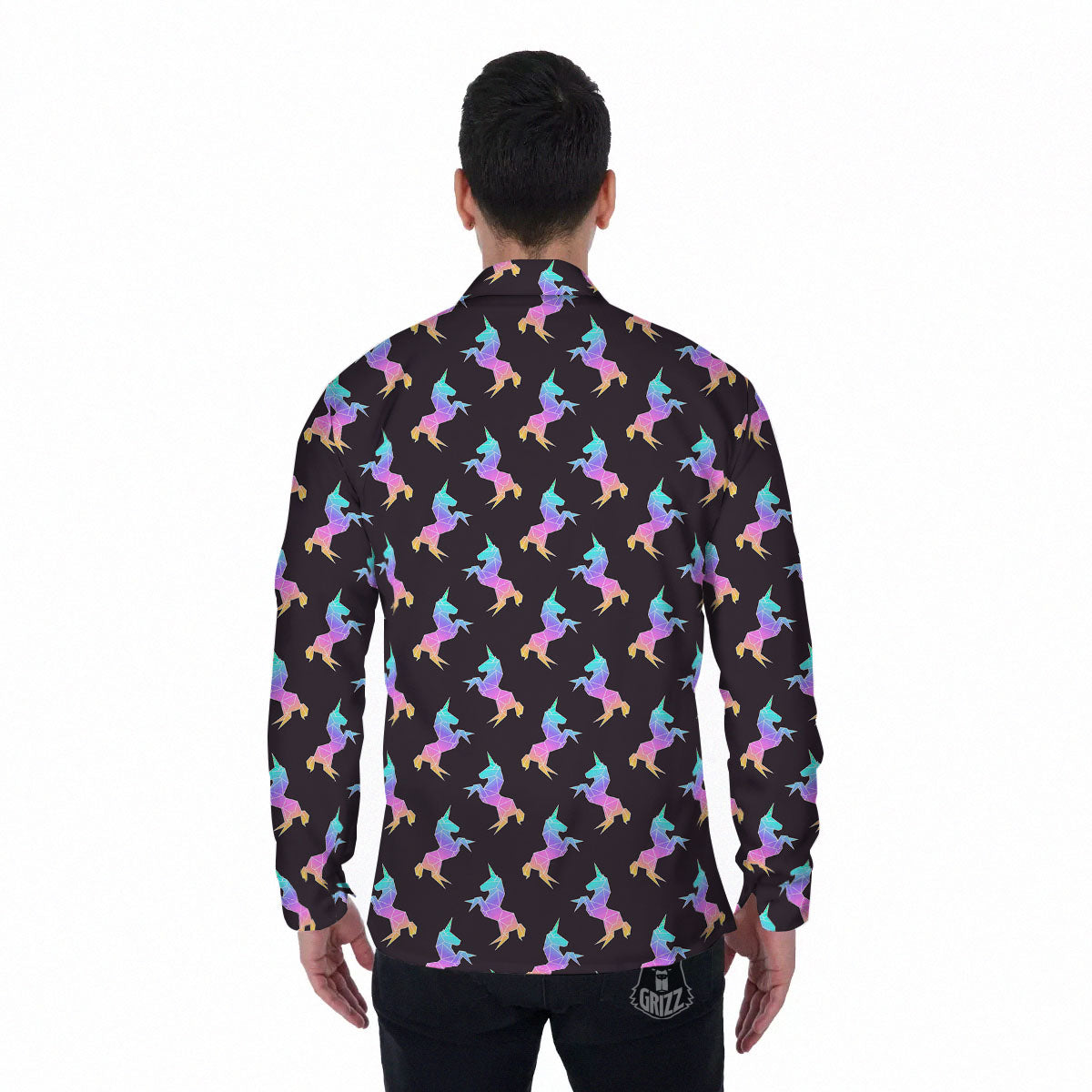 Unicorn Rainbow Origami Print Pattern Men's Long Sleeve Shirts-grizzshop