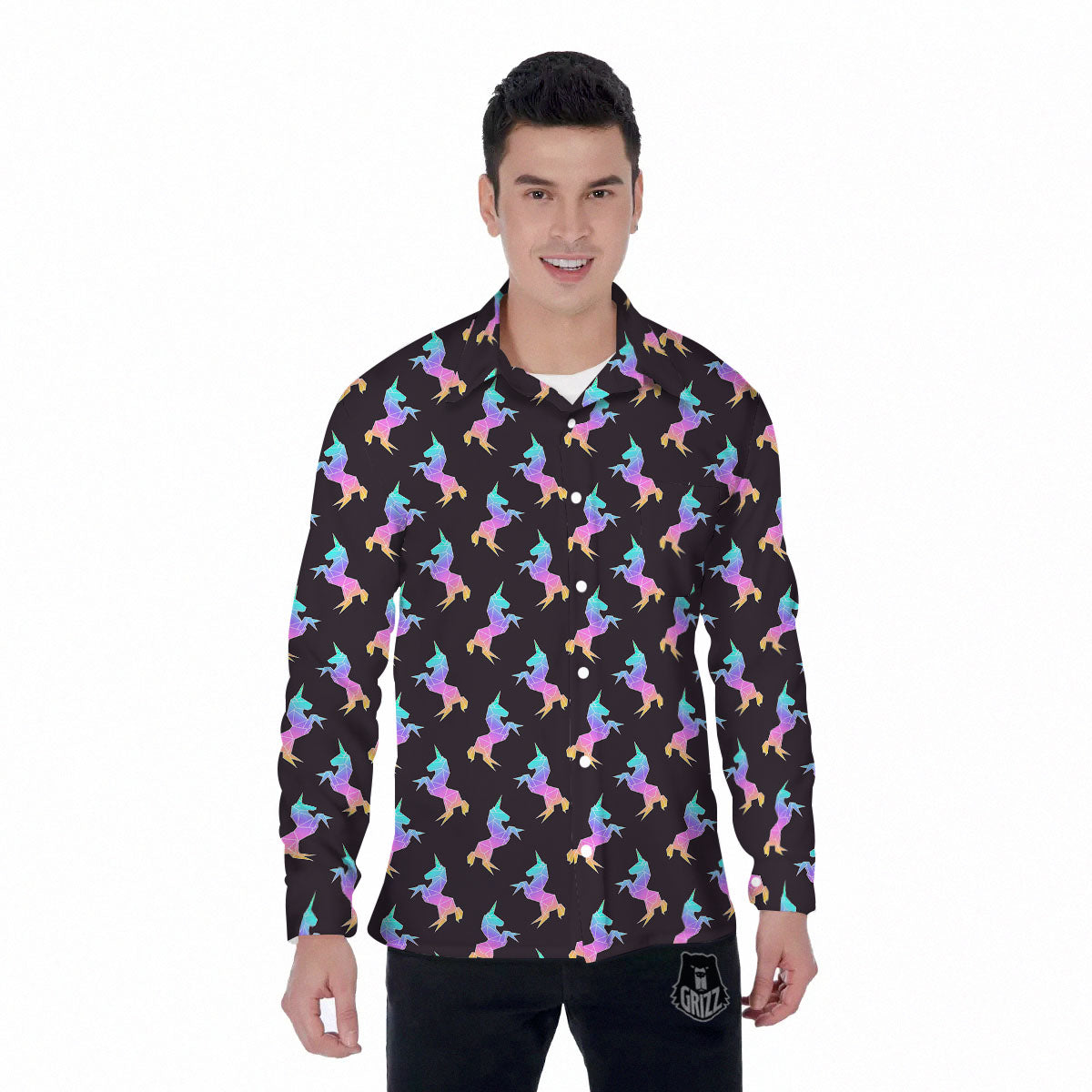 Unicorn Rainbow Origami Print Pattern Men's Long Sleeve Shirts-grizzshop