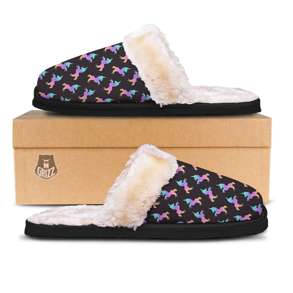 Unicorn Rainbow Origami Print Pattern Slippers-grizzshop