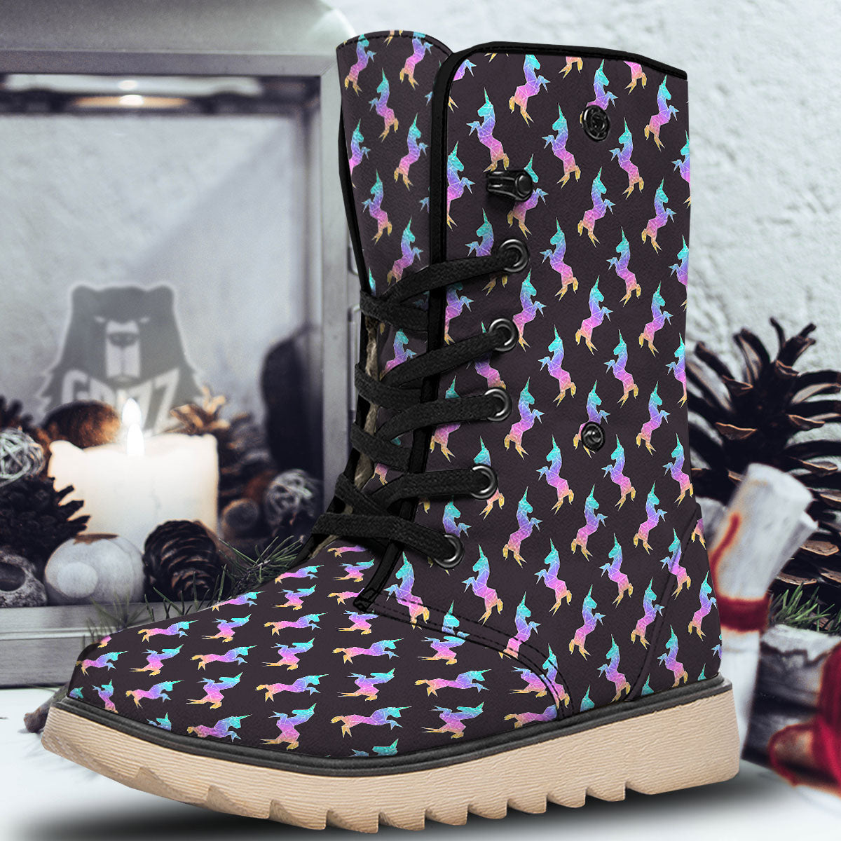 Unicorn Rainbow Origami Print Pattern Snow Boots-grizzshop