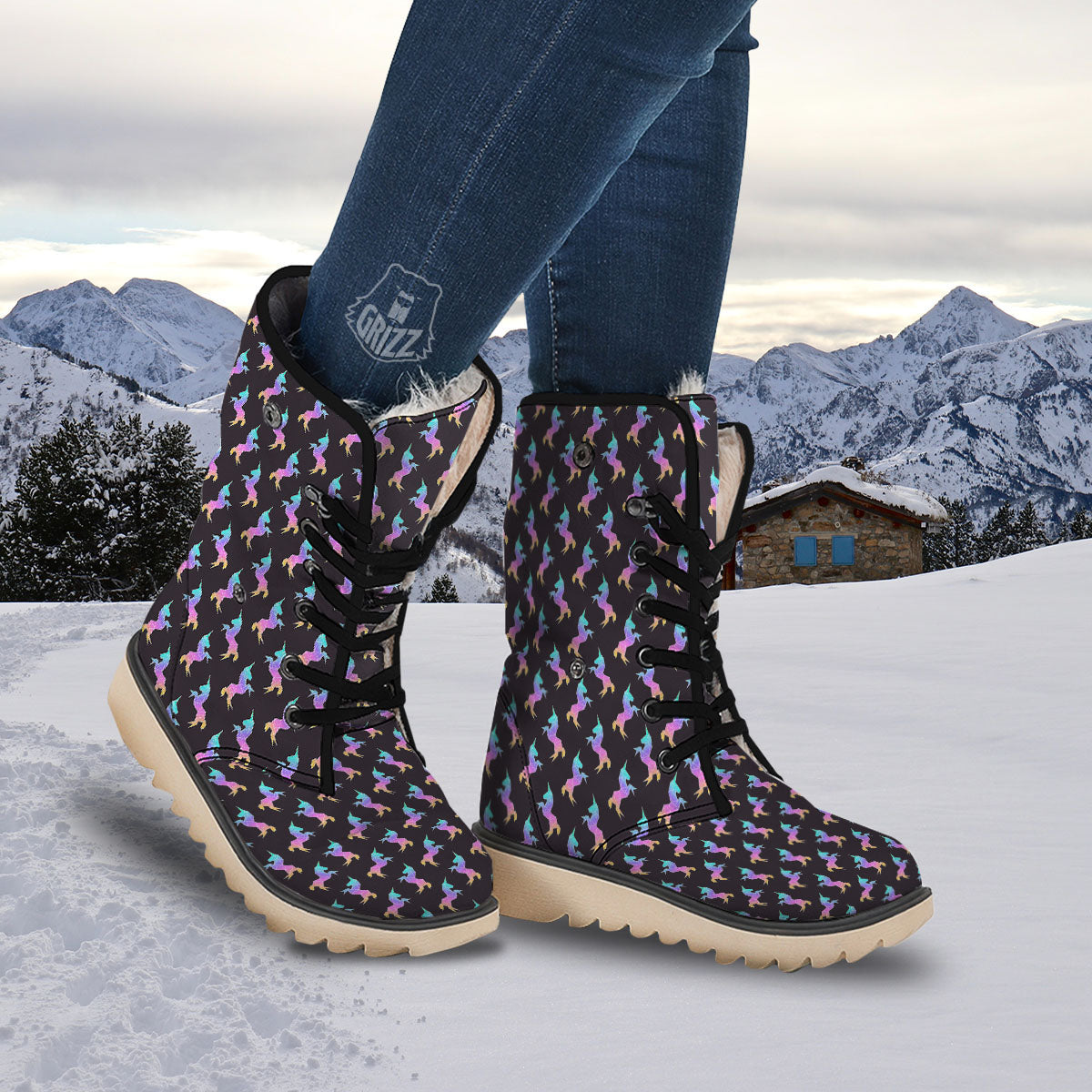 Unicorn Rainbow Origami Print Pattern Snow Boots-grizzshop