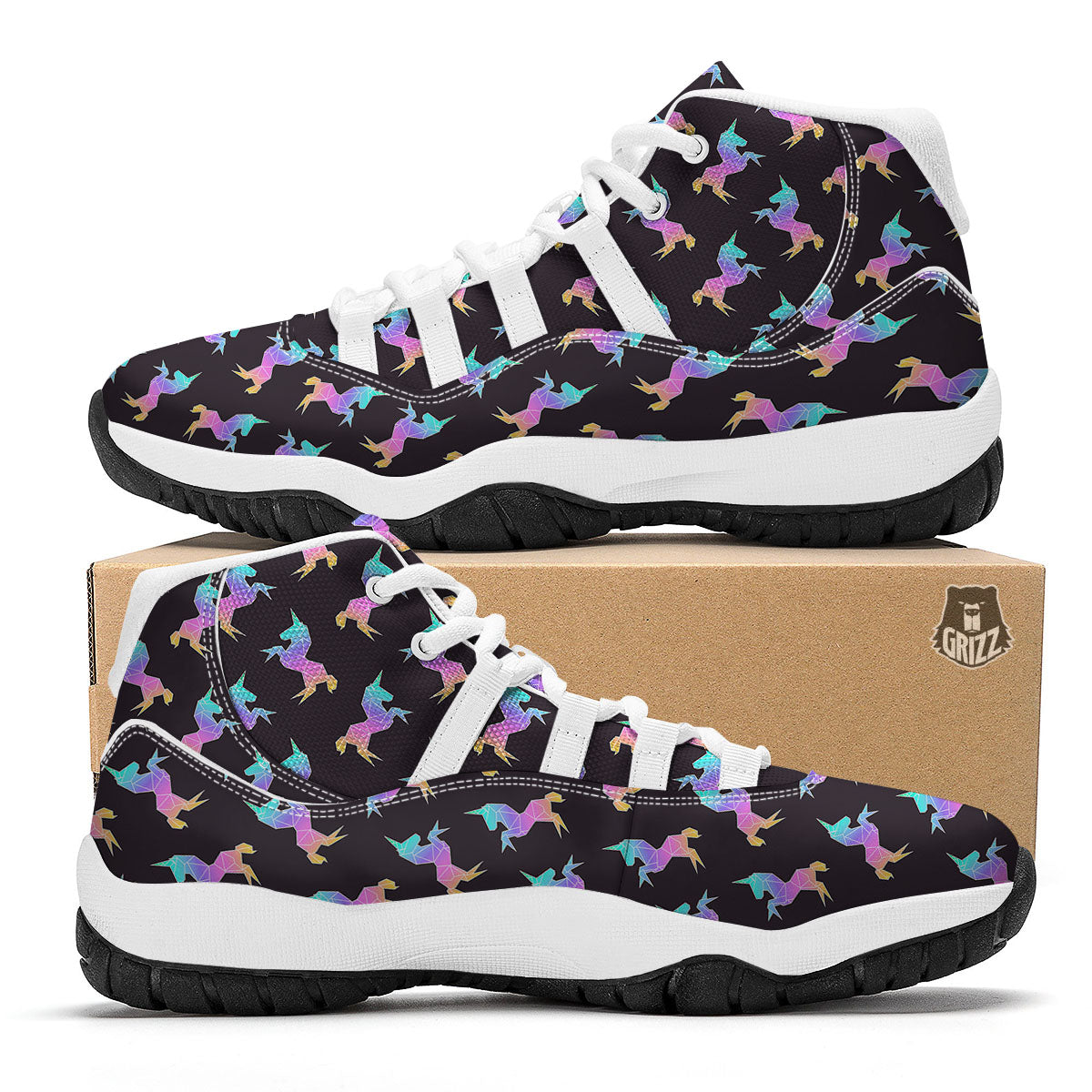 Unicorn Rainbow Origami Print Pattern White Bball Shoes-grizzshop