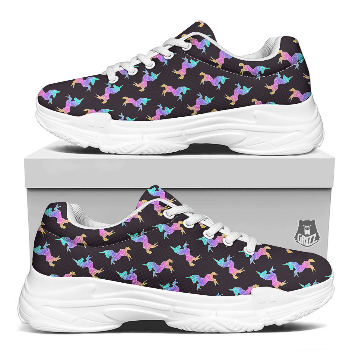 Unicorn Rainbow Origami Print Pattern White Chunky Shoes-grizzshop