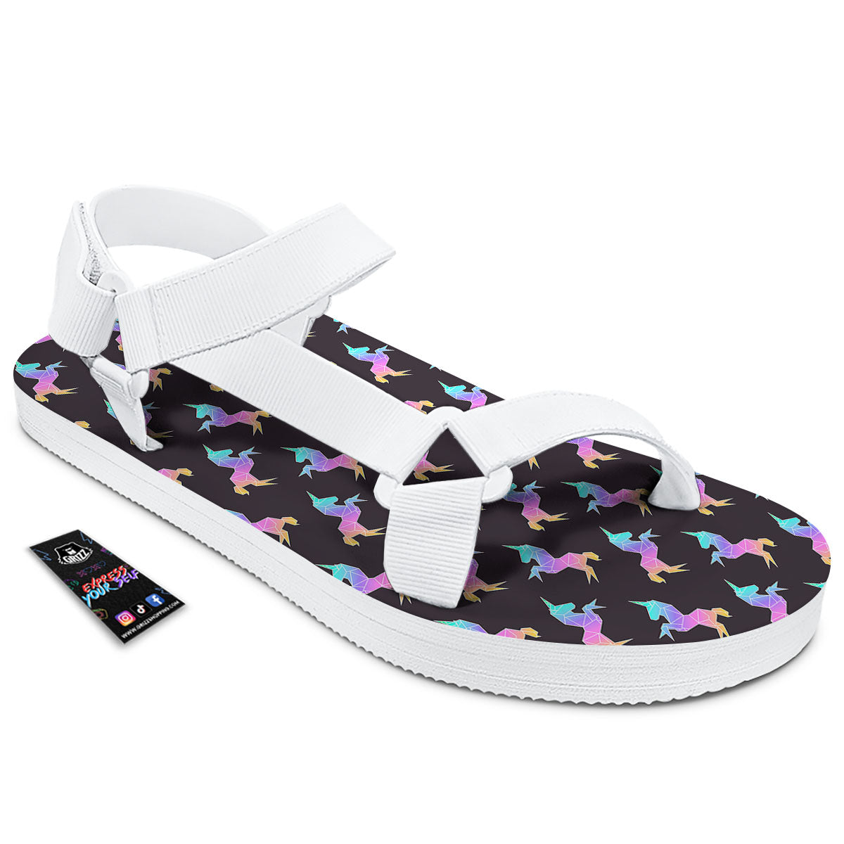Unicorn Rainbow Origami Print Pattern White Open Toe Sandals-grizzshop