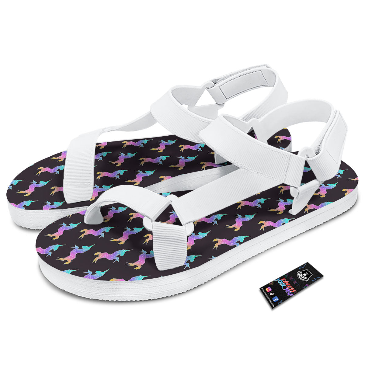 Unicorn Rainbow Origami Print Pattern White Open Toe Sandals-grizzshop