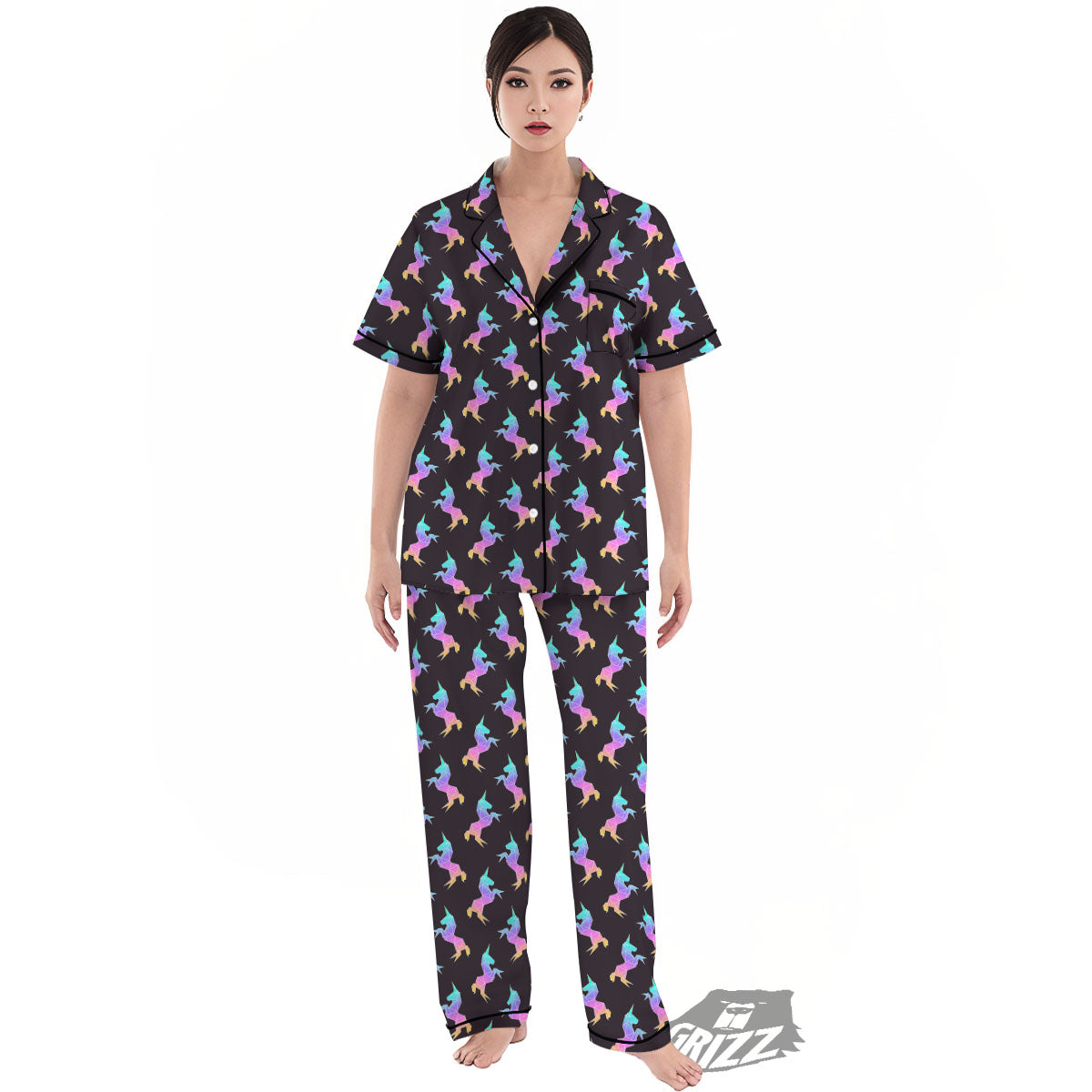 Unicorn Rainbow Origami Print Pattern Women's Pajamas Set-grizzshop