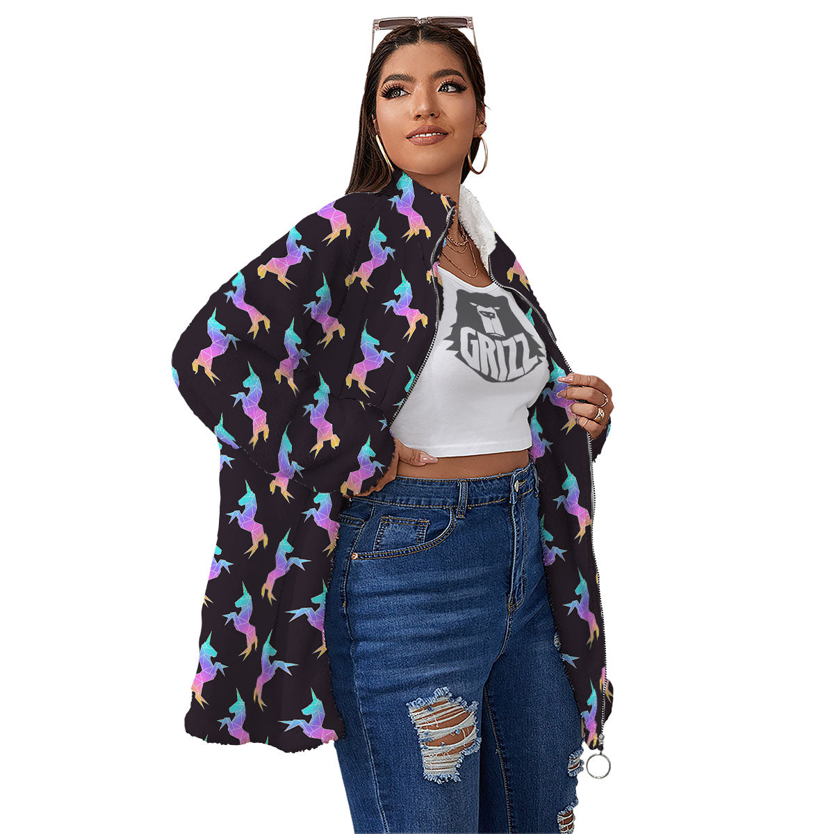 Unicorn Rainbow Origami Print Pattern Women's Sherpa Jacket-grizzshop