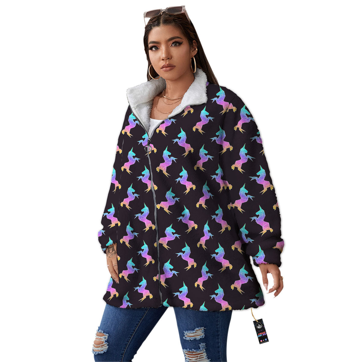 Unicorn Rainbow Origami Print Pattern Women's Sherpa Jacket-grizzshop
