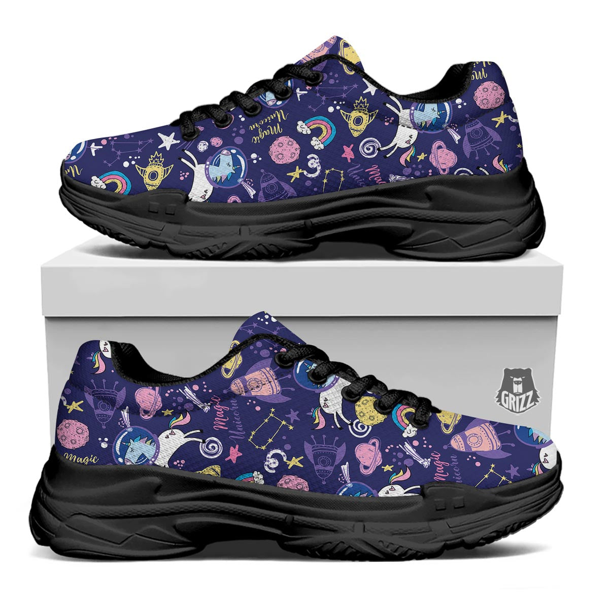 Unicorn Space Astronaut Print Pattern Black Chunky Shoes-grizzshop