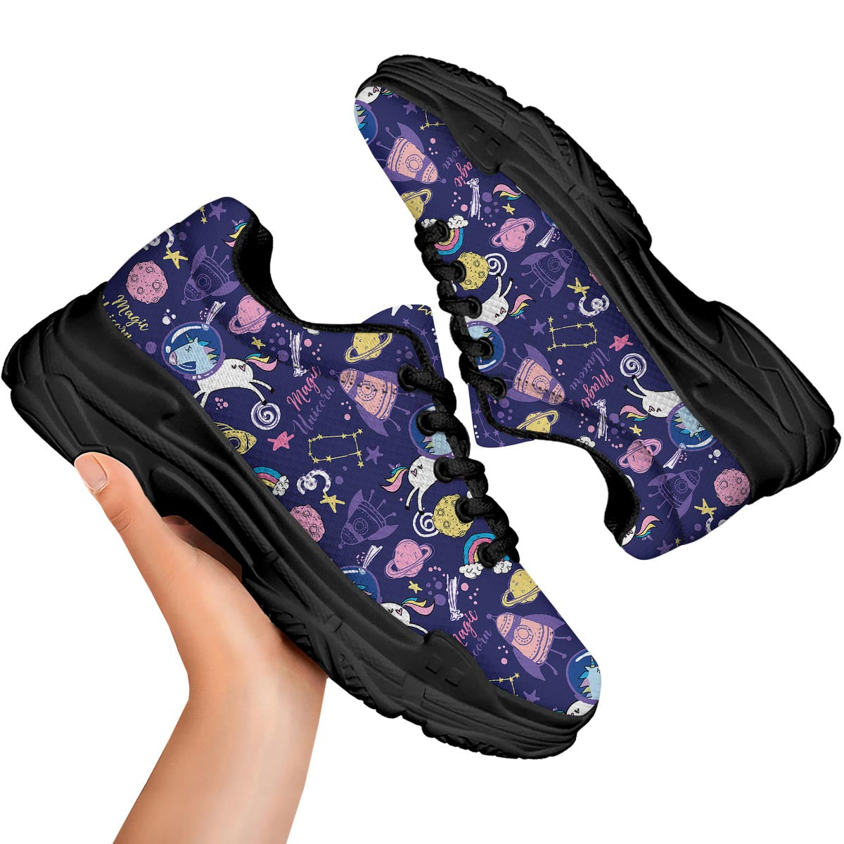 Unicorn Space Astronaut Print Pattern Black Chunky Shoes-grizzshop