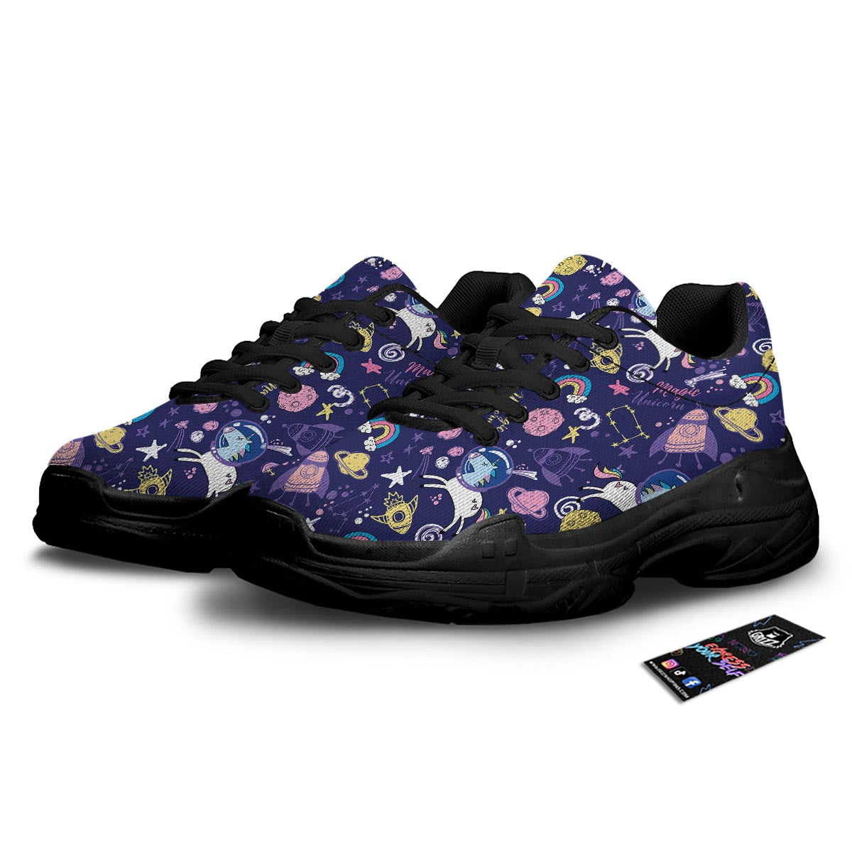 Unicorn Space Astronaut Print Pattern Black Chunky Shoes-grizzshop