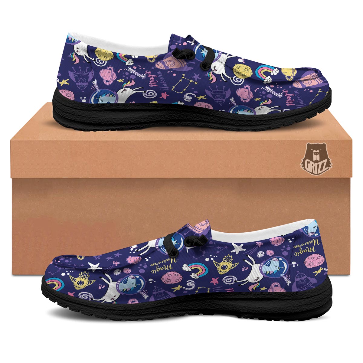 Unicorn Space Astronaut Print Pattern Black Loafers-grizzshop