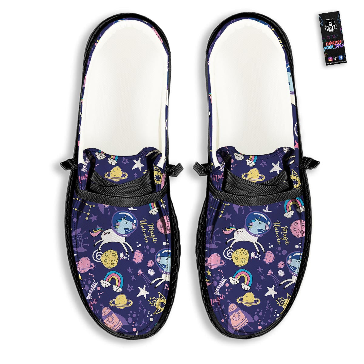 Unicorn Space Astronaut Print Pattern Black Loafers-grizzshop