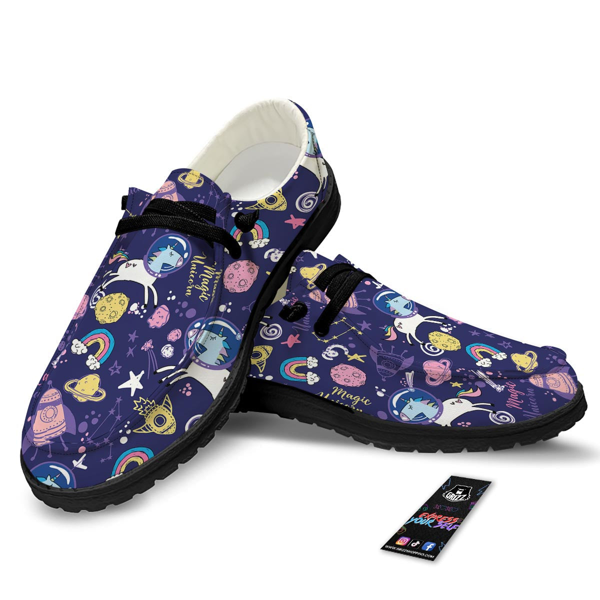 Unicorn Space Astronaut Print Pattern Black Loafers-grizzshop