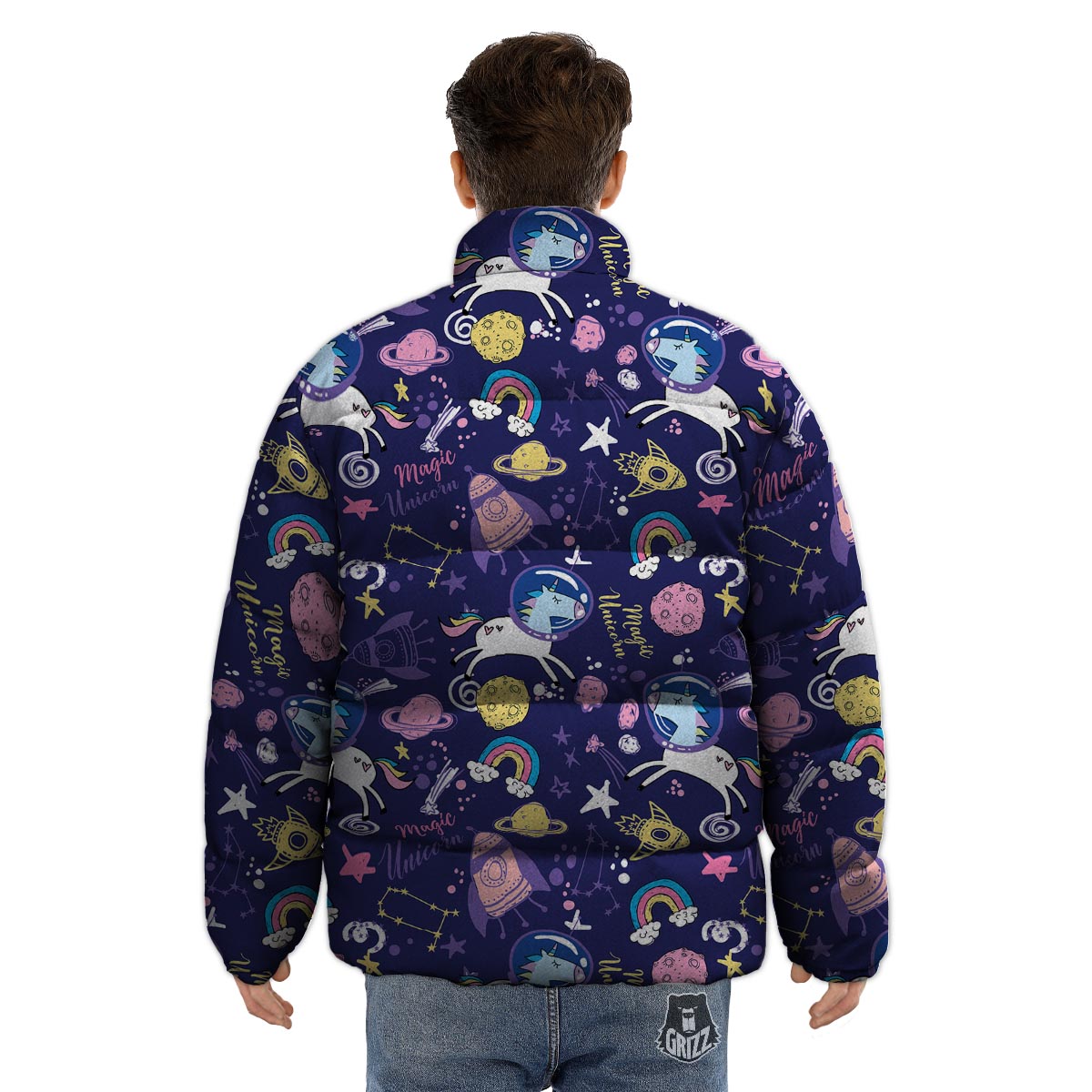 Unicorn Space Astronaut Print Pattern Puffer Jacket-grizzshop