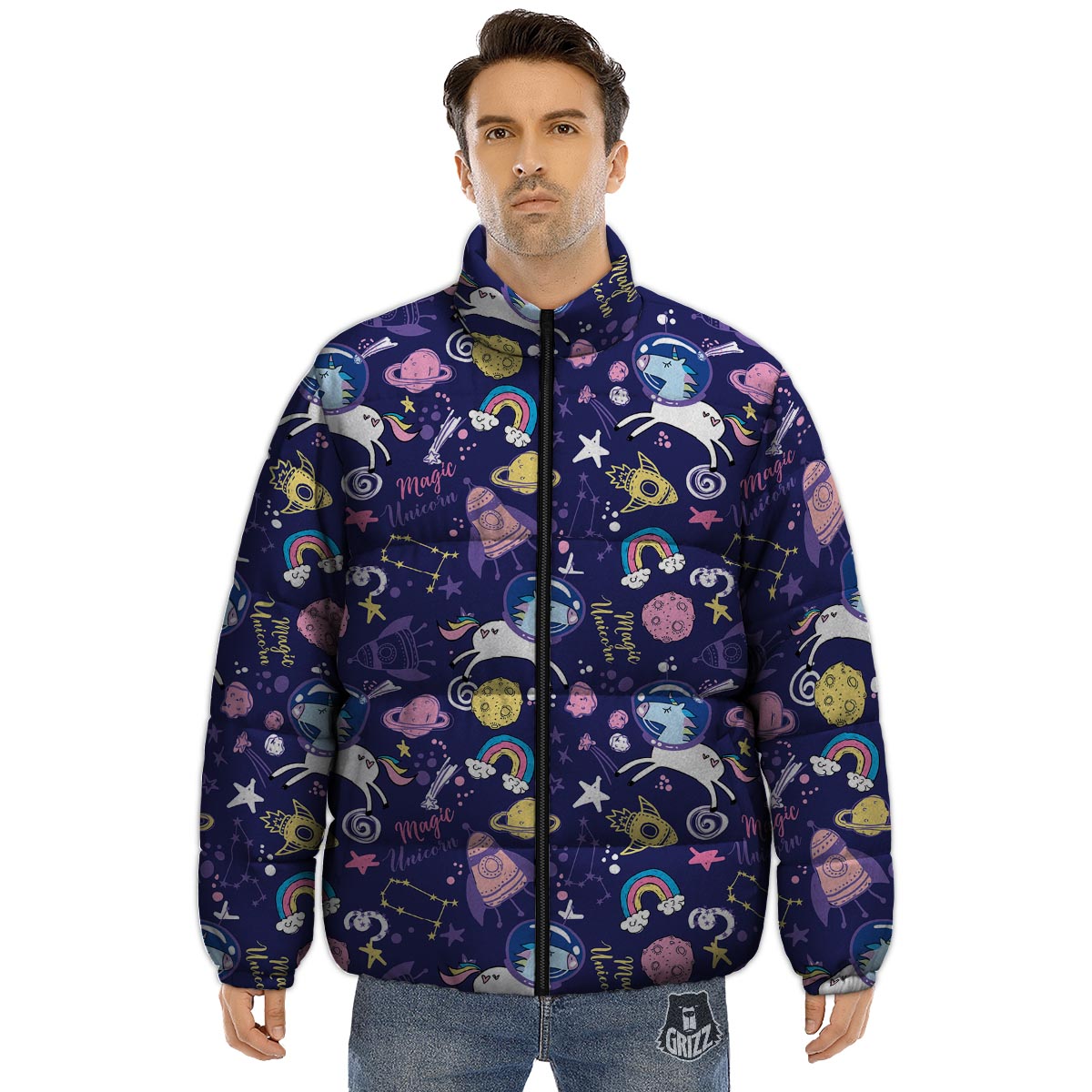 Unicorn Space Astronaut Print Pattern Puffer Jacket-grizzshop