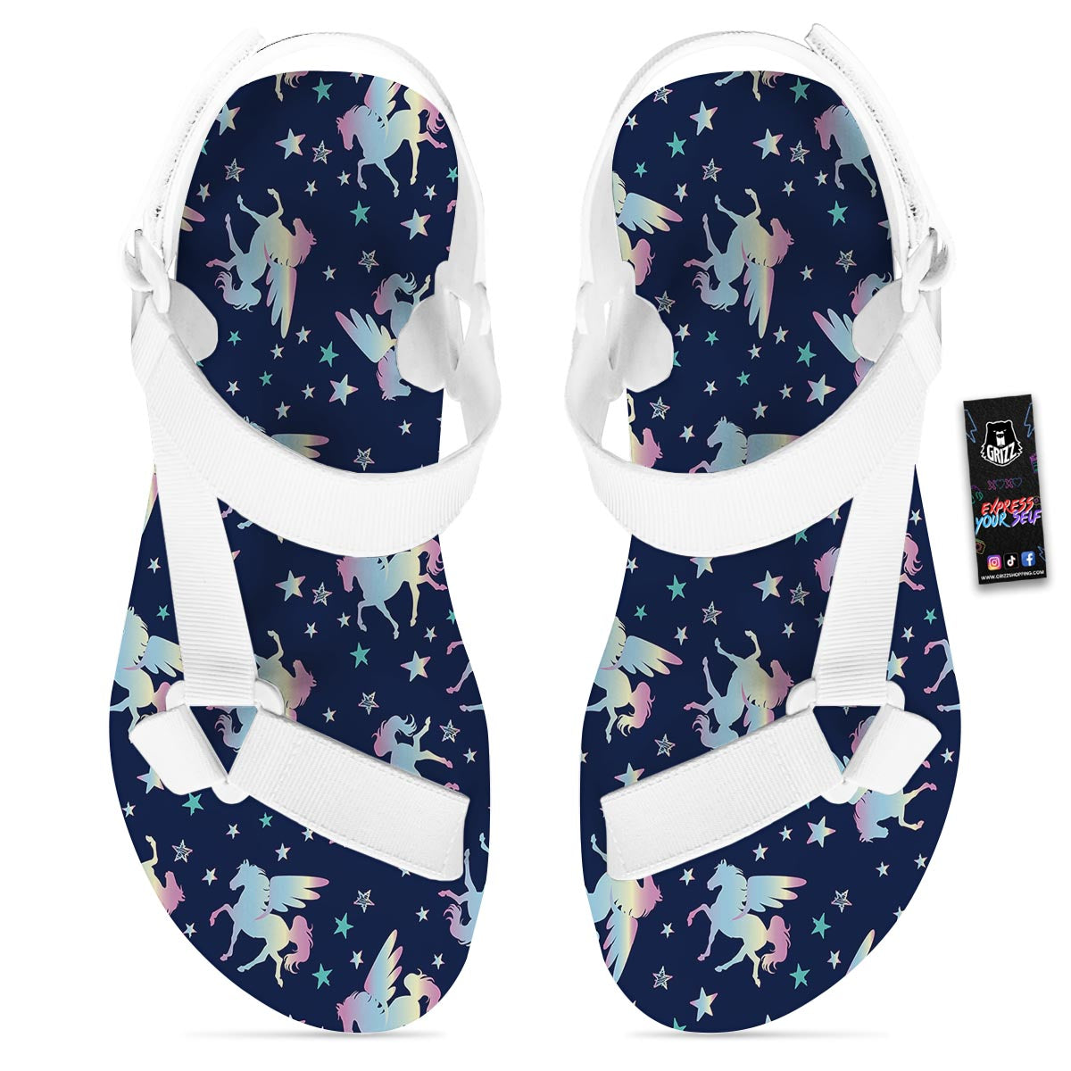 Unicorn Star Fairy Print Pattern White Open Toe Sandals-grizzshop
