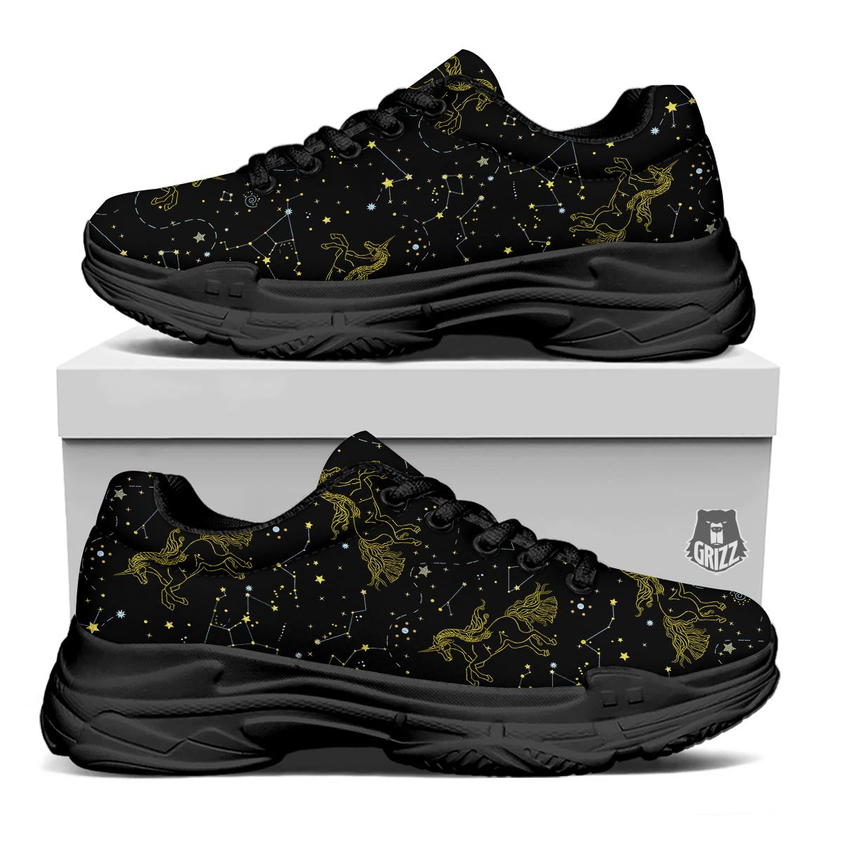 Unicorn Star Space Print Pattern Black Chunky Shoes-grizzshop
