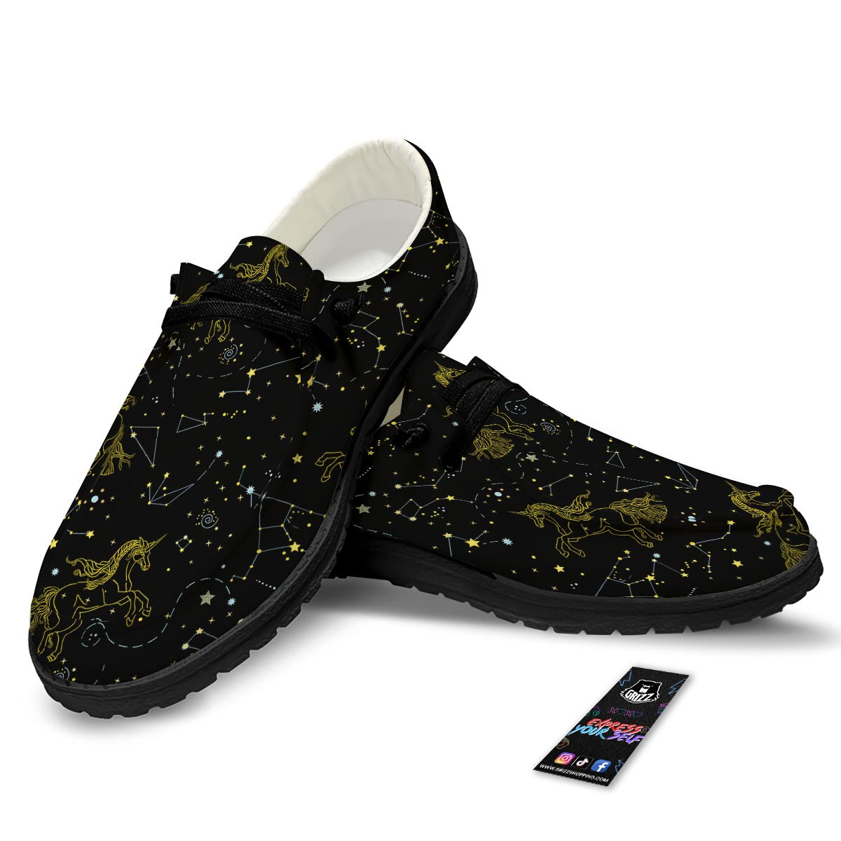 Unicorn Star Space Print Pattern Black Loafers-grizzshop