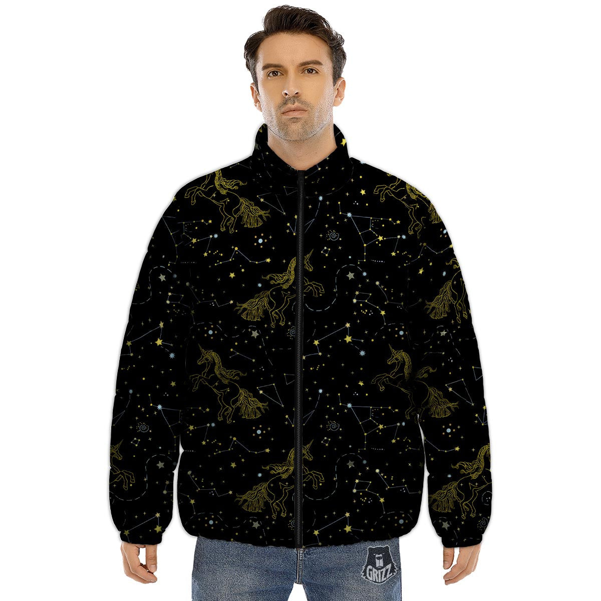 Unicorn Star Space Print Pattern Puffer Jacket-grizzshop