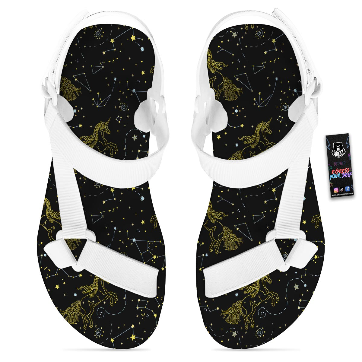 Unicorn Star Space Print Pattern White Open Toe Sandals-grizzshop
