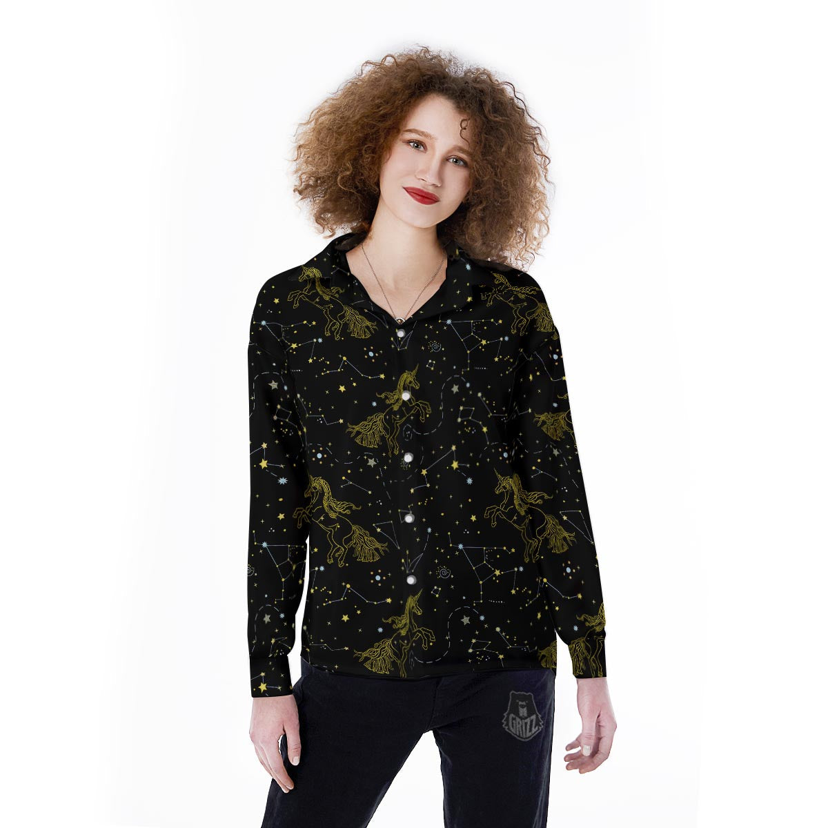 Unicorn Star Space Print Pattern Women's Long Sleeve Shirts-grizzshop