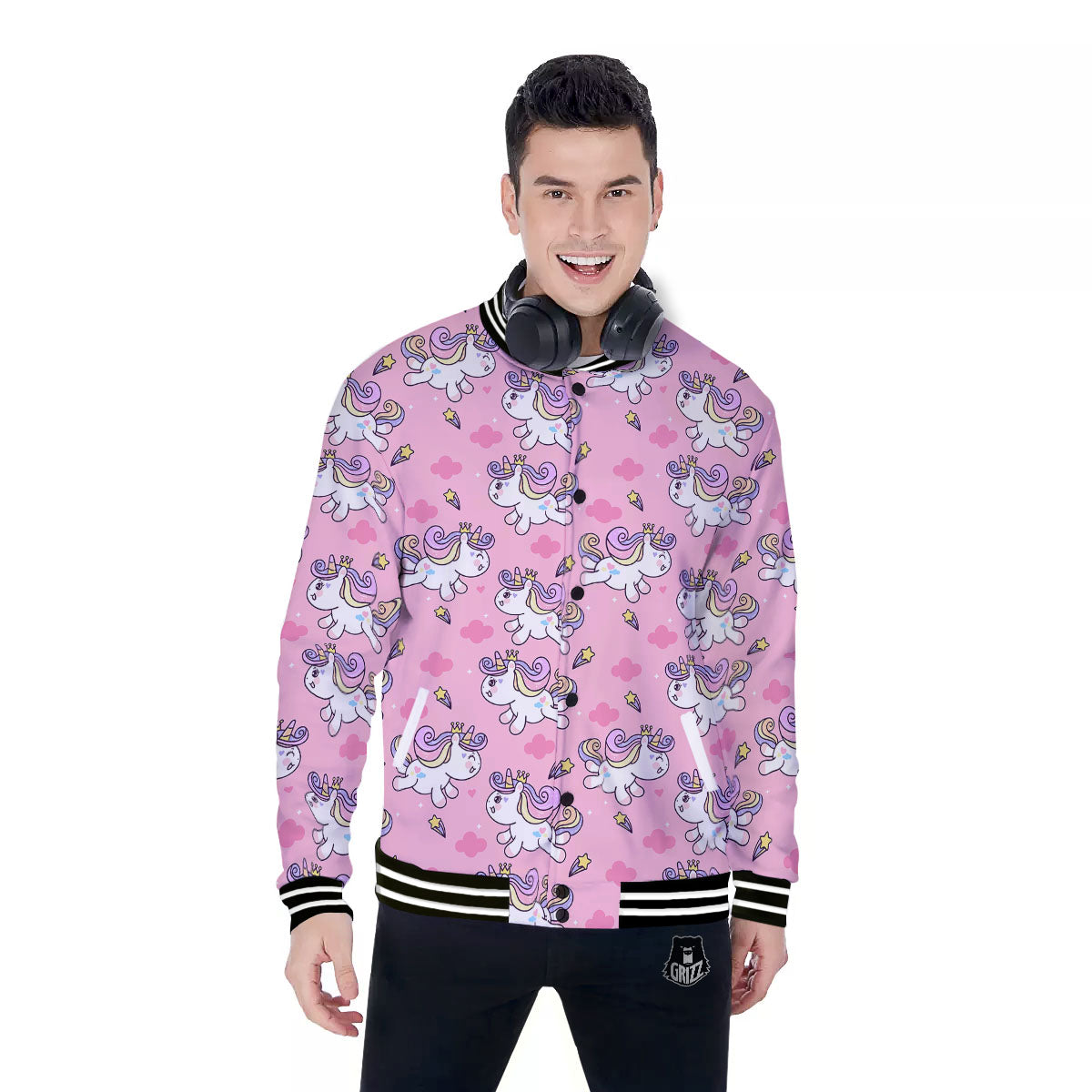 Unicorn White Girly Print Pattern Baseball Jacket-grizzshop