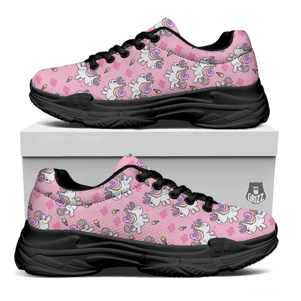 Unicorn White Girly Print Pattern Black Chunky Shoes-grizzshop