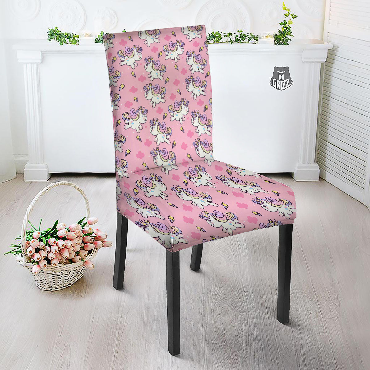Unicorn White Girly Print Pattern Dining Chair Slipcover-grizzshop
