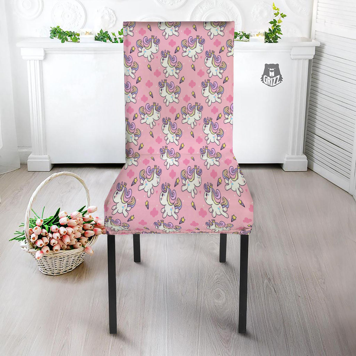 Unicorn White Girly Print Pattern Dining Chair Slipcover-grizzshop