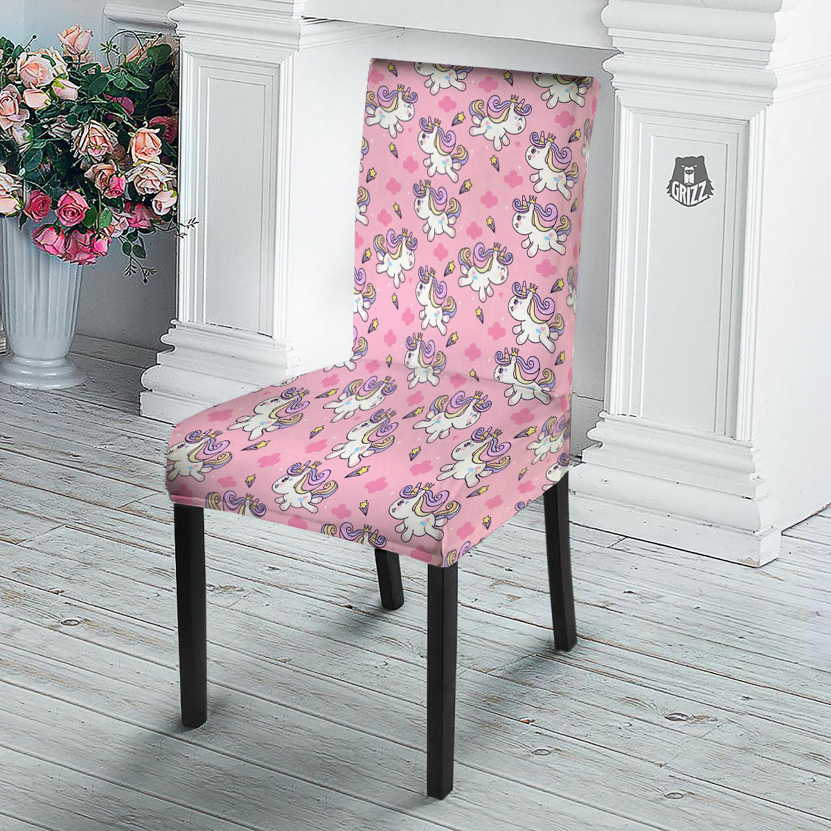 Unicorn White Girly Print Pattern Dining Chair Slipcover-grizzshop