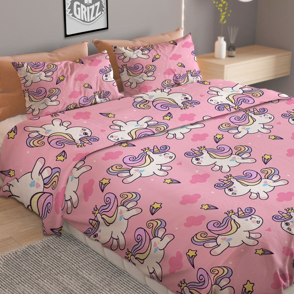 Unicorn White Girly Print Pattern Duvet Cover Bedding Set