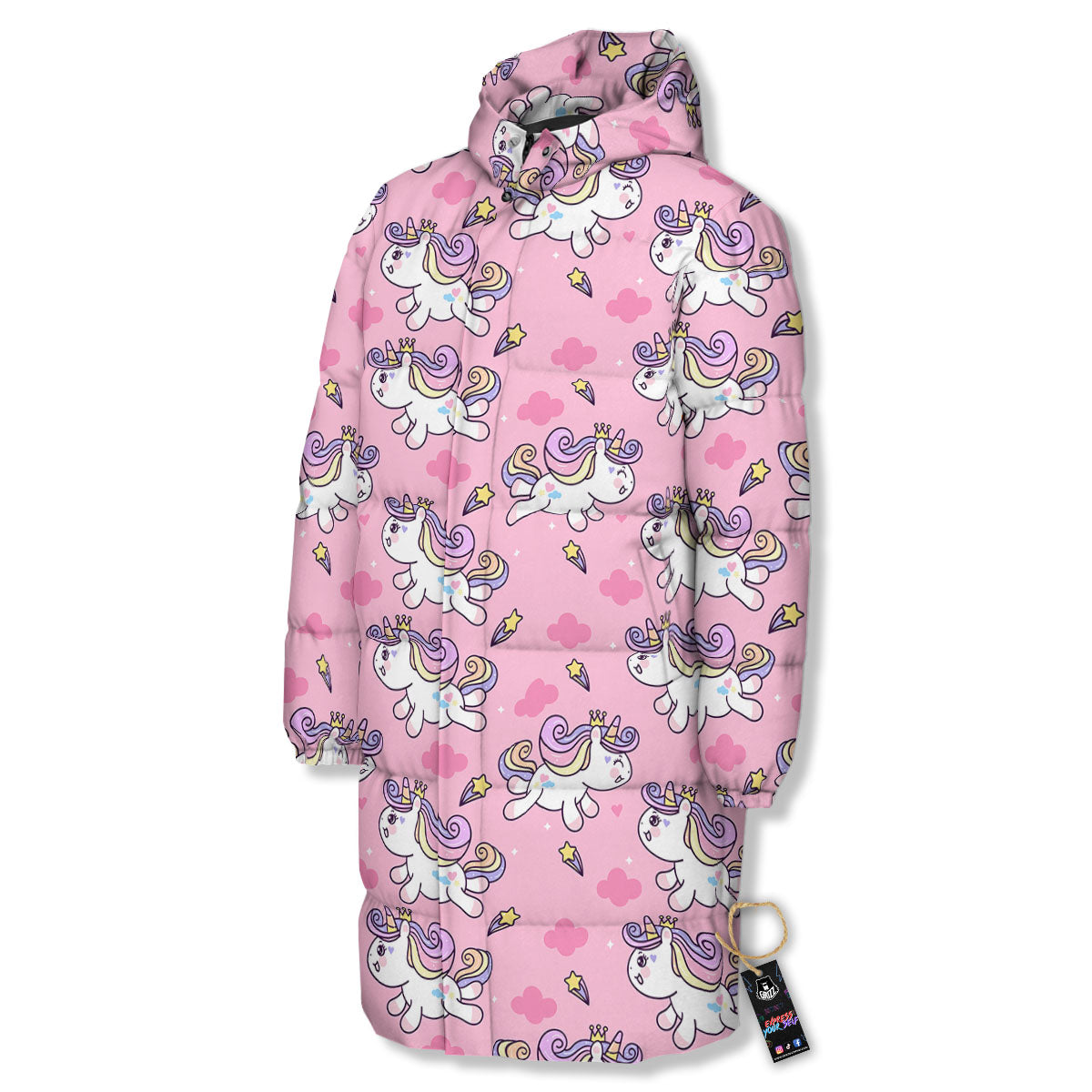 Unicorn White Girly Print Pattern Long Down Jacket-grizzshop