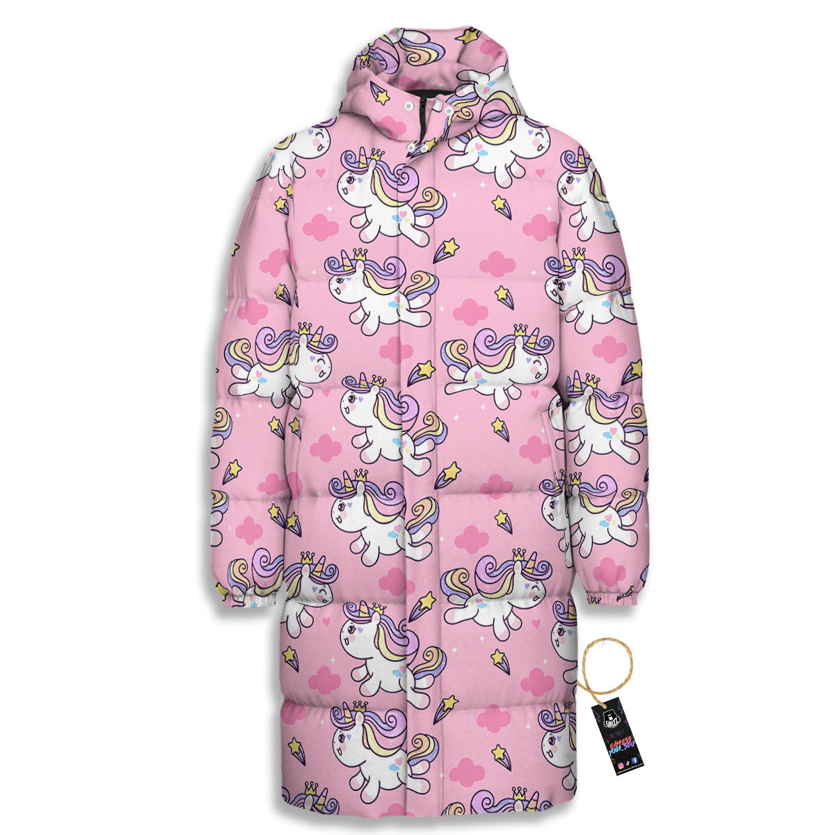 Unicorn White Girly Print Pattern Long Down Jacket-grizzshop