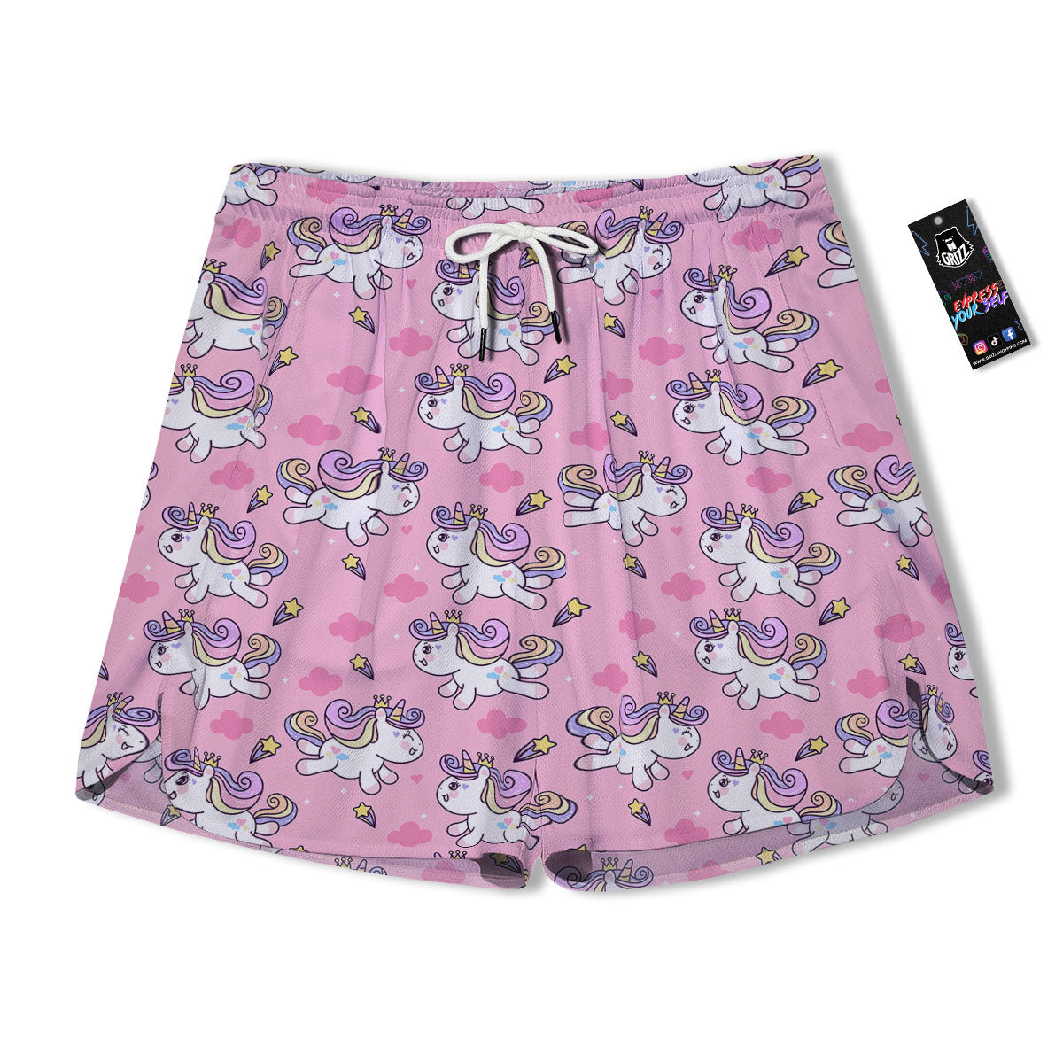 Unicorn White Girly Print Pattern Men's Running Shorts-grizzshop
