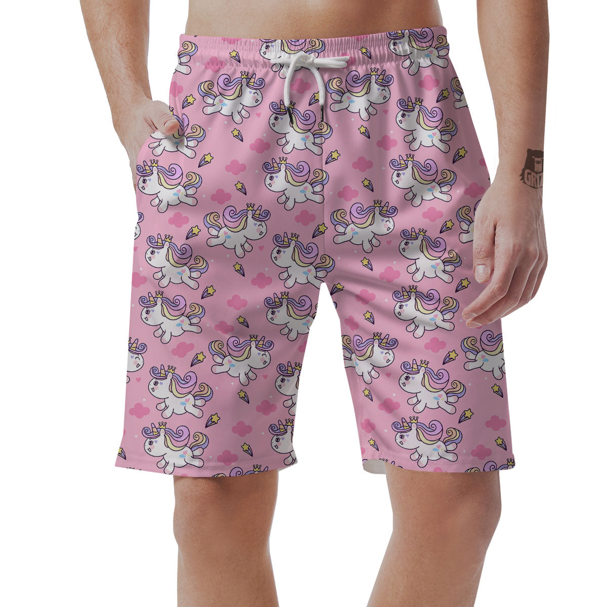Unicorn White Girly Print Pattern Men's Shorts-grizzshop