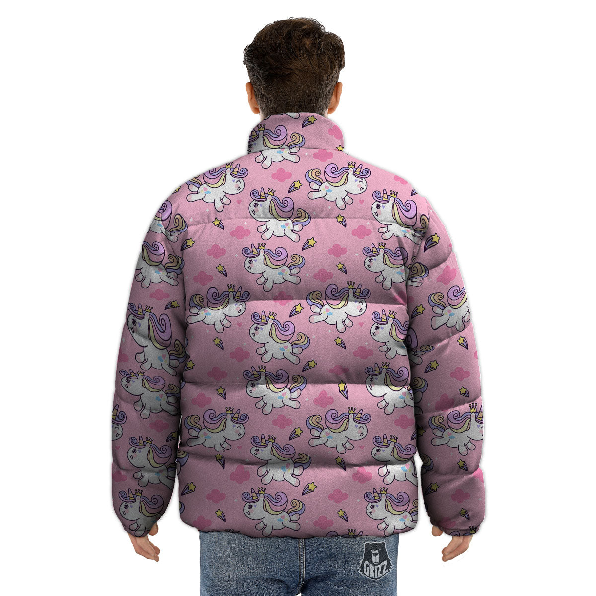 Unicorn White Girly Print Pattern Puffer Jacket-grizzshop