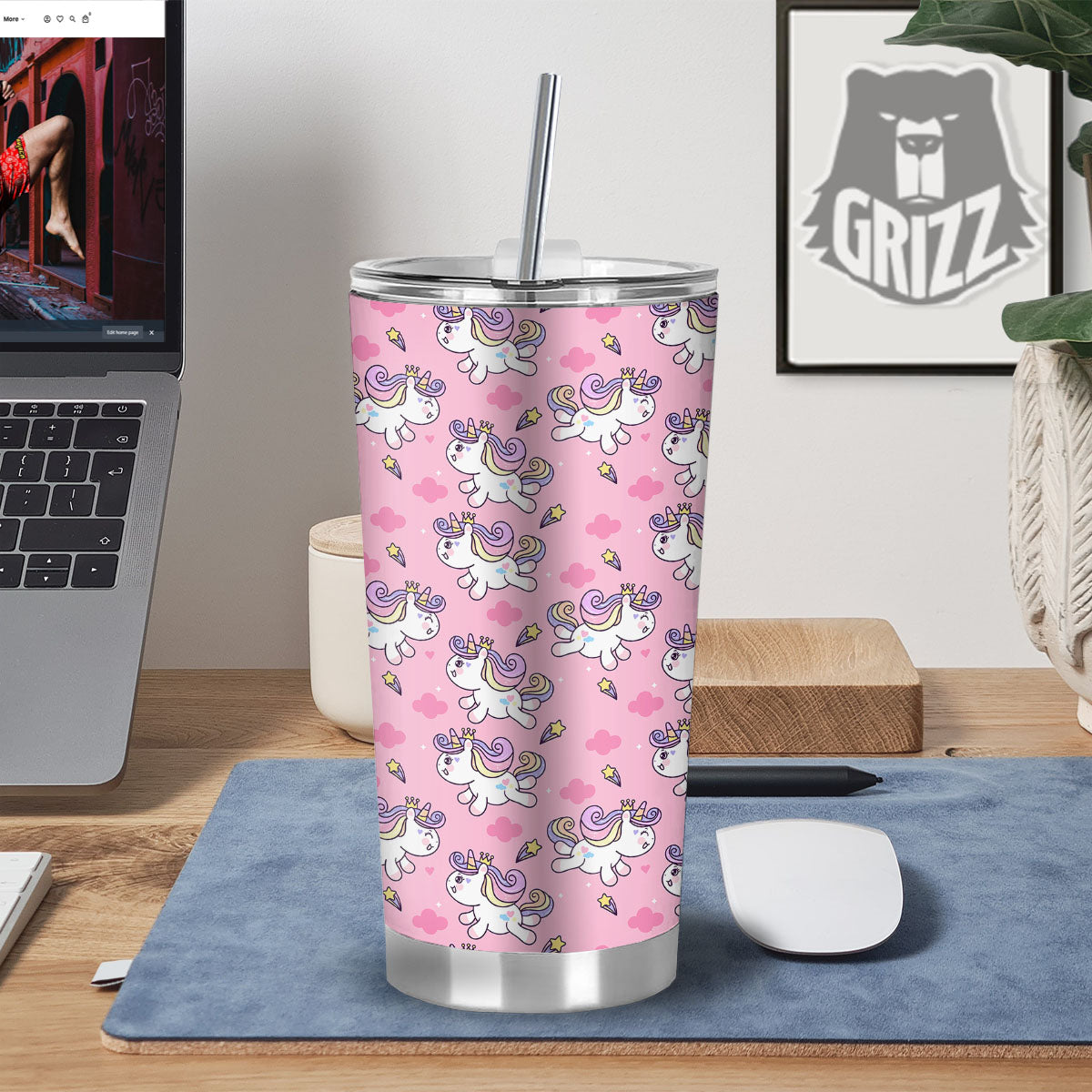 Unicorn White Girly Print Pattern Tumbler-grizzshop