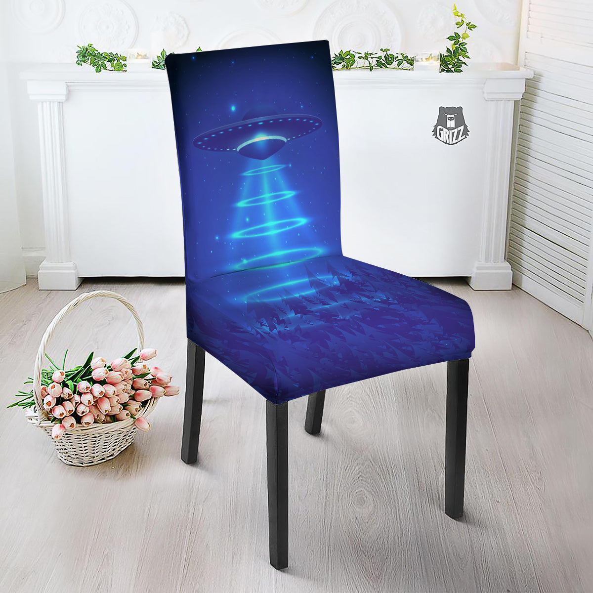Unidentified Flying Object Blue Print Dining Chair Slipcover-grizzshop