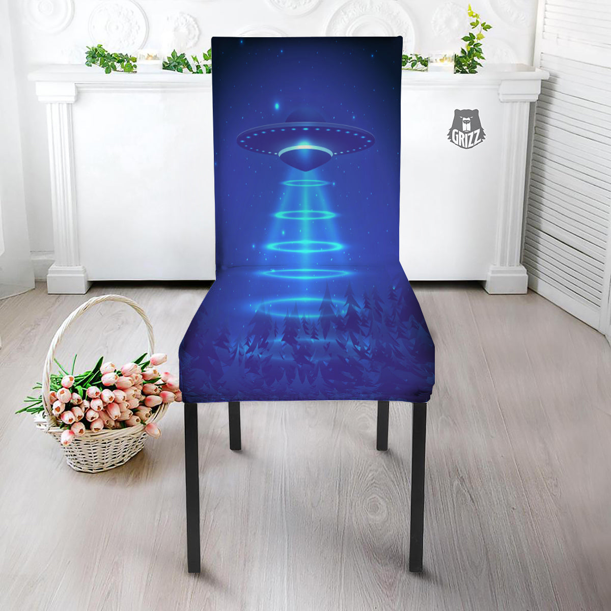 Unidentified Flying Object Blue Print Dining Chair Slipcover-grizzshop