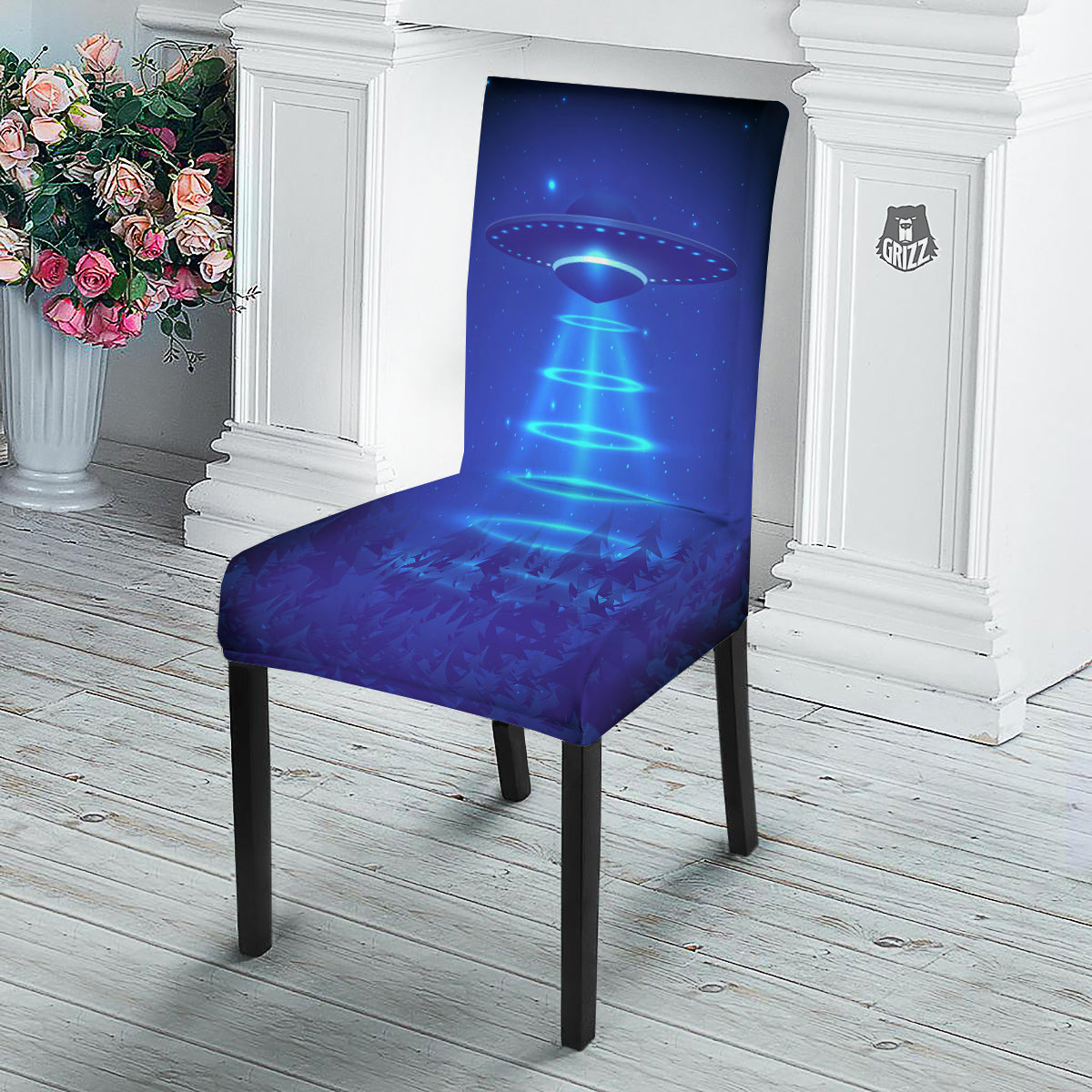 Unidentified Flying Object Blue Print Dining Chair Slipcover-grizzshop