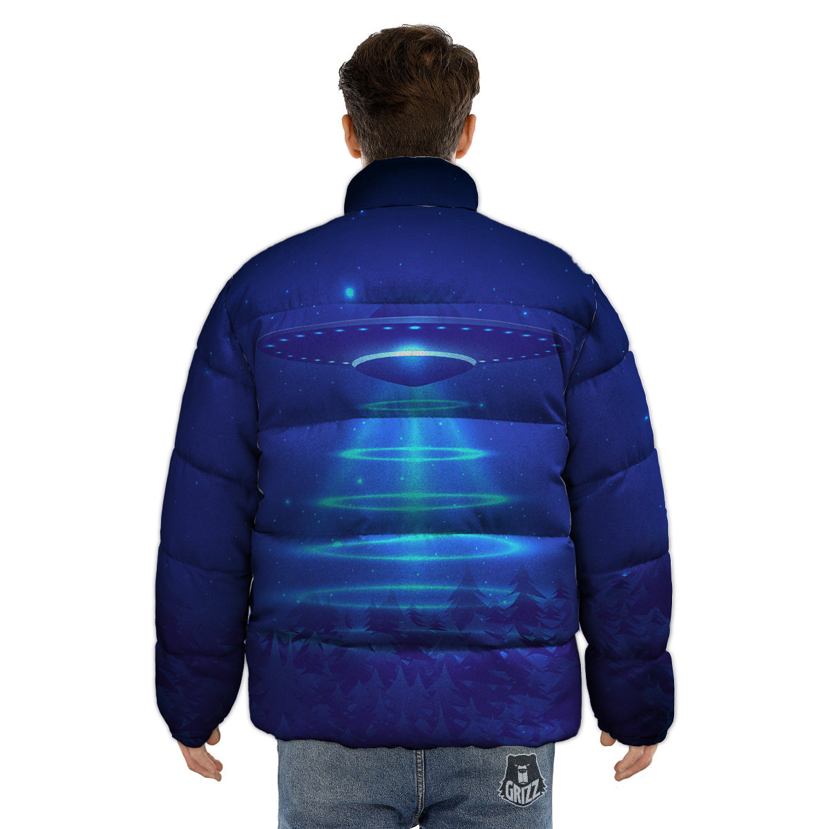 Unidentified Flying Object Blue Print Puffer Jacket-grizzshop