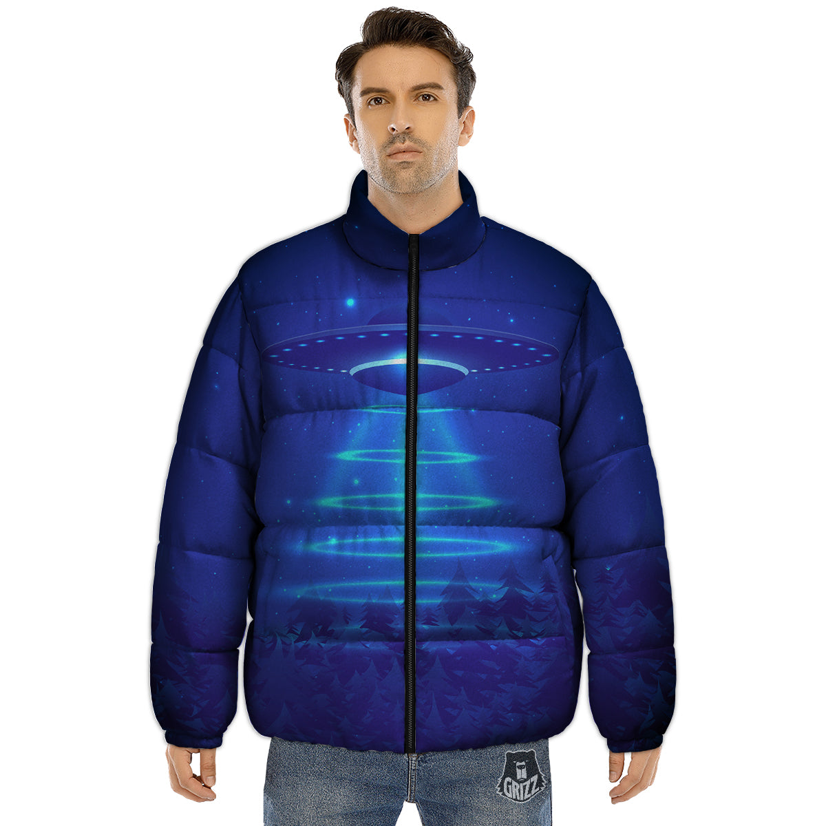 Unidentified Flying Object Blue Print Puffer Jacket-grizzshop