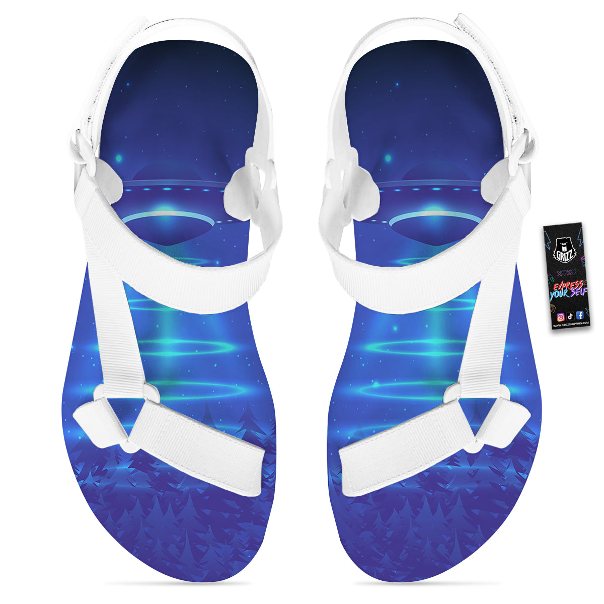 Unidentified Flying Object Blue Print White Open Toe Sandals-grizzshop