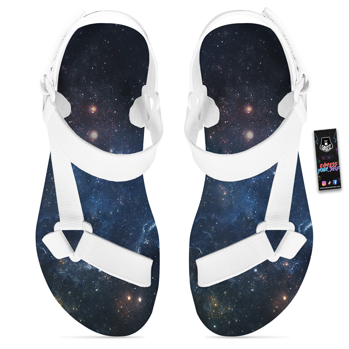 Universe Galaxy Space Dark Nebula Print White Open Toe Sandals-grizzshop
