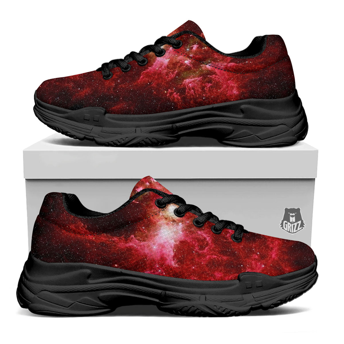 Universe Galaxy Space Red Stardust Print Black Chunky Shoes-grizzshop