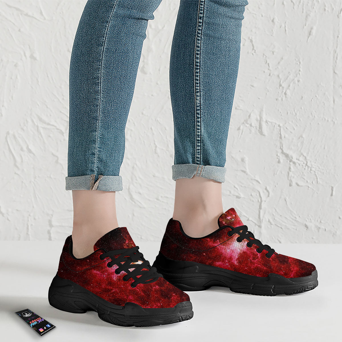 Universe Galaxy Space Red Stardust Print Black Chunky Shoes-grizzshop