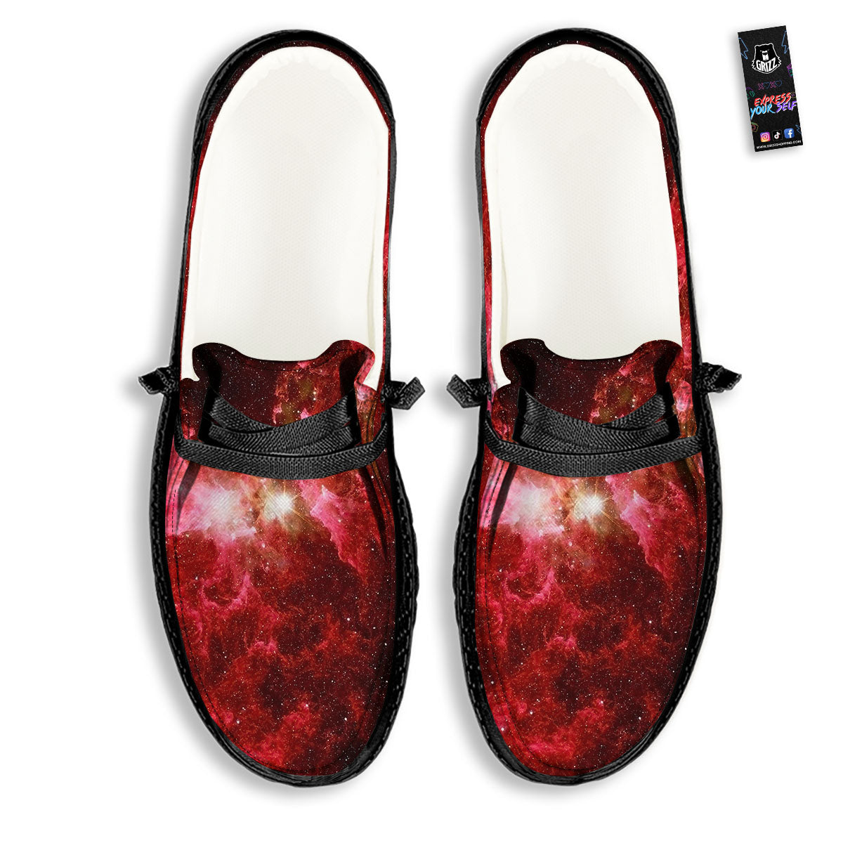 Universe Galaxy Space Red Stardust Print Black Loafers-grizzshop