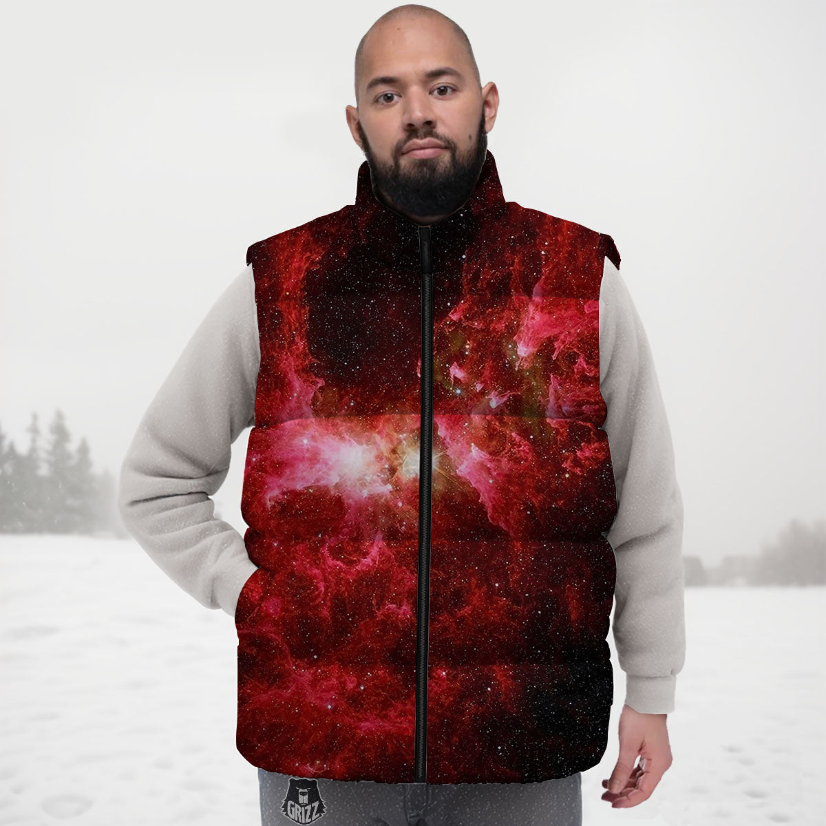 Universe Galaxy Space Red Stardust Print Down Vest