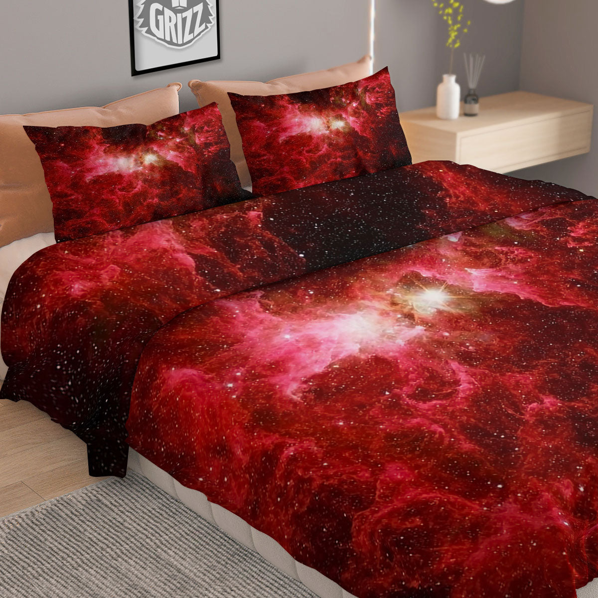 Universe Galaxy Space Red Stardust Print Duvet Cover Bedding Set